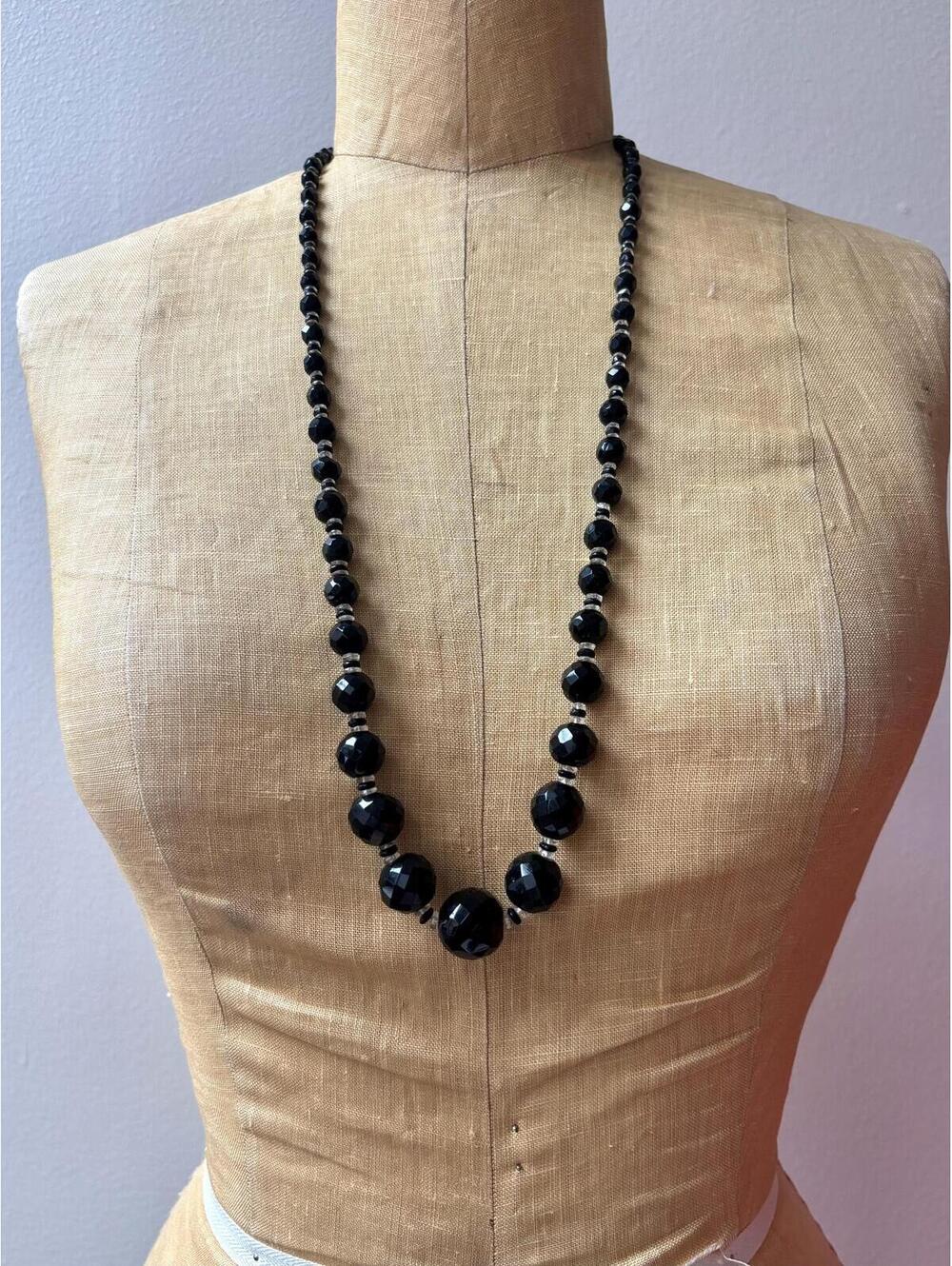 Antique Art Deco Black Rock Crystal Flapper Necklace
